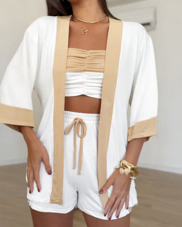 3 Pieces Outfit Open Front Half Sleeve Top and Causal Romper with Bandeau